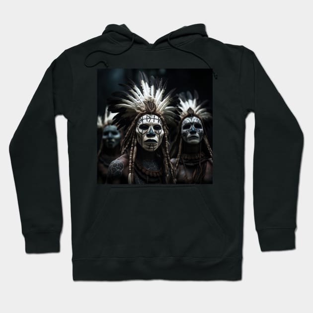 amazon tribe with white jasper masks dark background Hoodie by Maverick Media